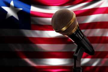 Microphone on the background of the National Flag of Liberia, realistic 3d illustration. music award, karaoke, radio and recording studio sound equipment