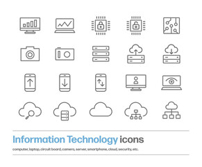 インターネットテクノロジーに関するシンプルなアイコンセット。コンピューター、基板、セキュリティ、カメラ、クラウド、サーバーなどのビジネスやインターネットに関するイメージのイラスト。