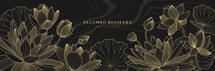 Foto op Canvas Gold lotus vector background with fluid marble. Luxury design template with line lily and leaves. Nelumbo nucifera flower for banners, invitations, cover and packaging design. © Valedi 