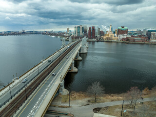 Aerial view of Longfellow Bridge connecting Boston downtown and Cambridge Massachusetts with  a...