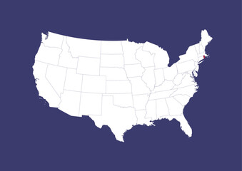 Rhode Island on the United States of America map, position of Rhode Island in the USA. Map in the colors of the USA flag.
