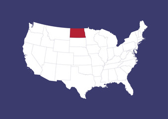 North Dakota on the United States of America map, position of North Dakota in the USA. Map in the colors of the USA flag.