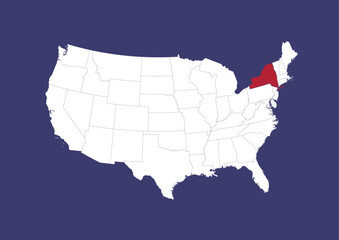 New York on the United States of America map, position of New York in the USA. Map in the colors of the USA flag.