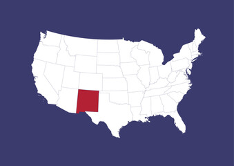 New Mexico on the United States of America map, position of New Mexico in the USA. Map in the colors of the USA flag.
