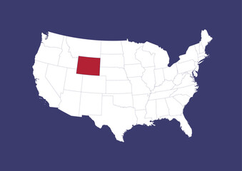 Wyoming on the United States of America map, position of Wyoming in the USA. Map in the colors of the USA flag.