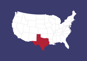 Texas on the United States of America map, position of Texas in the USA. Map in the colors of the USA flag.