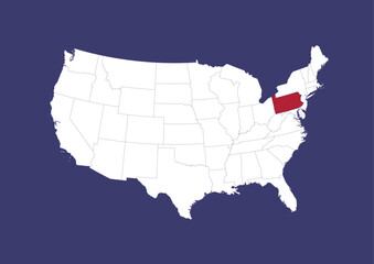 Pennsylvania on the United States of America map, position of Pennsylvania in the USA. Map in the colors of the USA flag.