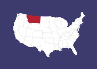 Montana on the United States of America map, position of Montana in the USA. Map in the colors of the USA flag.