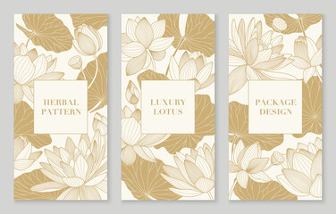 Banner set of golden patterns with lotuses and leaves. Luxury package design with line lily. Template for Chinese banners, cover, label, pattern. Elegant oriental nelumbo nucifera.