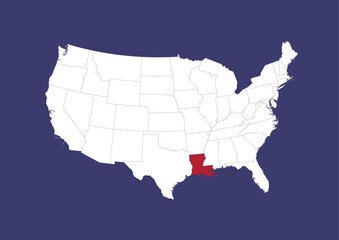 Louisiana on the United States of America map, position of Louisiana in the USA. Map in the colors of the USA flag.