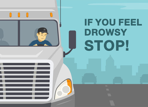Heavy vehicle driving rules and tips. Checklist for truck drivers. If your drowsy - stop. Semi-trailer driver falling asleep while driving. Close-up front view. Flat vector illustration template.