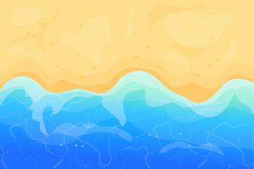 Summer beach with sand and waves top view in cartoon style, background. Tropical coast line, landscape, scenery.
