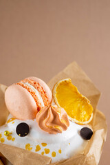 Easter cake, great design for any purposes. Happy easter holiday. Home kitchen background. Easter eggs, rabbit. Food background. Beige background. 