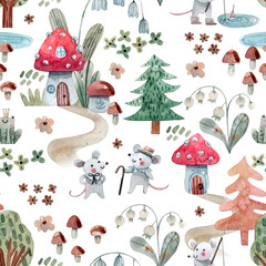 Cute seamless pattern with forest nature, fairy houses, mouse characters. Hand-drawn watercolor background with amanita houses, forest trees and herbs, a lake, trails and cute mice. Kids texture