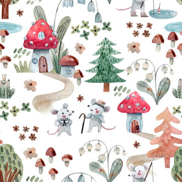Cute seamless pattern with forest nature, fairy houses, mouse characters. Hand-drawn watercolor background with amanita houses, forest trees and herbs, a lake, trails and cute mice. Kids texture