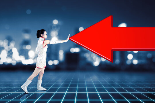 Female robot hold back a red arrow in cyberspace - Powered by Adobe