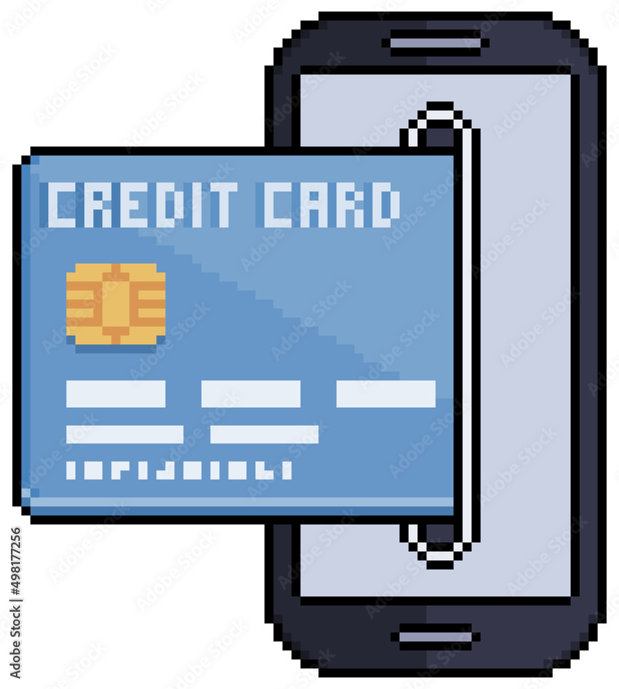 Poster pixel art online payment with credit card and cell phone vector icon for 8bit game on white backgrou