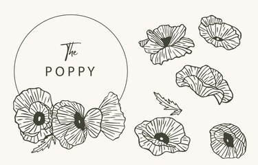 Black poppy flower outline with circle.Vector illustration for icon,sticker,printable and tattoo