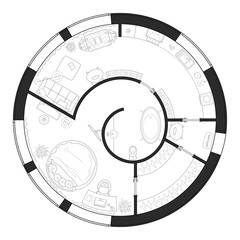 Plan of a round house with furniture layout. Interior drawing in black and white, top view. Architectural set of standard symbols for apartment and house projects. Vector icon set