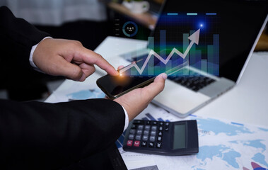 online marketing, Business hands working with data analysis and business and finance graphic interface, Digital stock market concept.