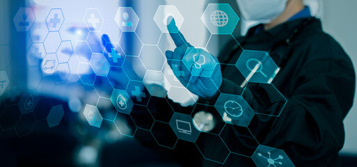 Medicine doctor using digital healthcare and network connection on hologram modern virtual screen...