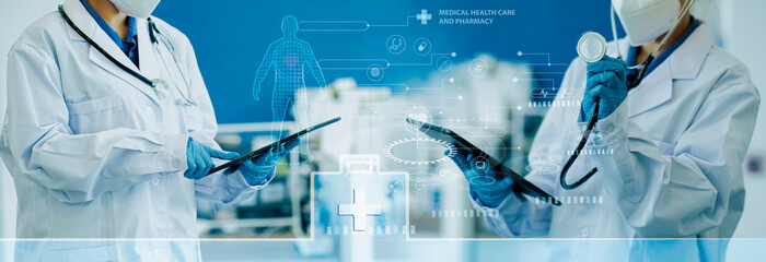 Medicine doctor using digital healthcare and network connection on hologram modern virtual screen...