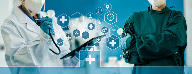 Medicine doctor using digital healthcare and network connection on hologram modern virtual screen...