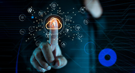 businessman touching virtual screen with code, digital network,