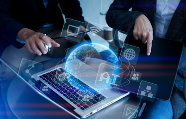 Business people hands working on network and digital finance marketing chart with future technology innovation and digital transformation concept.