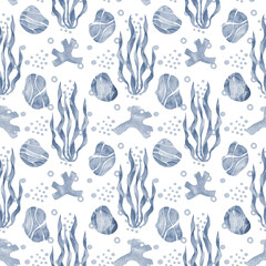 Sea pebbles and seaweeds seamless pattern watercolour. Coral watercolor. Sea rocks. Hand drawn painting. Marine underwater background.