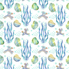 Sea pebbles and seaweeds seamless pattern watercolour. Coral watercolor. Sea rocks. Hand drawn painting. Marine underwater background.
