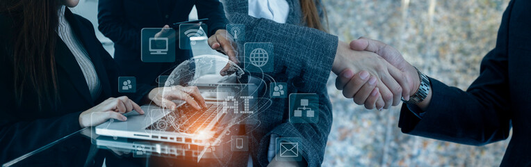 Business people hands working on network and digital finance marketing chart with future technology...