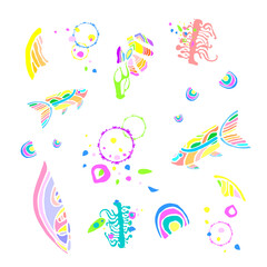 Vector composition with abstract shapes, colorful elements, sea treasures, stylized fish and seaweed. Design print and bright illustration in flat style, hand drawn.	