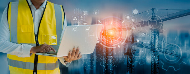 Future building construction engineering and technology project concept. double exposure graphic...