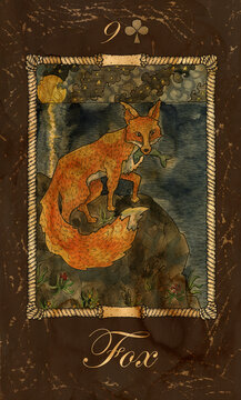 Fox. Card of Old Marine Lenormand Oracle deck. Fantasy vintage watercolor illustration with mystic symbols in nautical style, colorful graphic drawing.