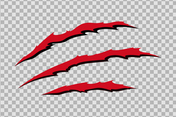 Claw scratches of wild animal. Cat scratches marks with blood isolated in transparent background. Monochrome vector illustration