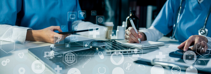 Medicine doctor using digital healthcare and network connection on hologram modern virtual screen interface icons, Medical technology futuristic concept.
