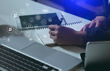 Business people hands working on network and digital finance marketing chart with future technology innovation and digital transformation concept.