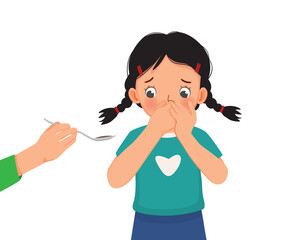 cute little girl refuses to take medicine syrup her mother giving her by covering her mouth with hands - obrazy, fototapety, plakaty