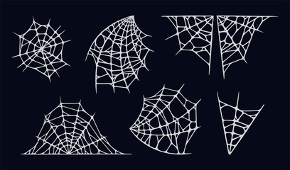 Spider web set isolated on black background. Spooky Halloween cobwebs. Handrawn vector illustration