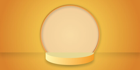 Yellow product background stand or podium pedestal with light and shadow on empty display Concept for product presentation, mock up, show cosmetic, summer. illustration of 3d paper cut design style.