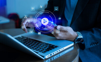 Business people hands working on network and digital finance marketing chart with future technology innovation and digital transformation concept.