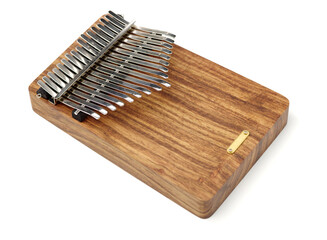 Top view wooden african instrument Kalimba musical isolated on white background. play on hands and plucking the tines with the thumbs 