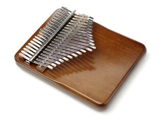 Top view wooden african instrument Kalimba musical isolated on white background. play on hands and plucking the tines with the thumbs 