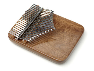 Top view wooden african instrument Kalimba musical isolated on white background. play on hands and plucking the tines with the thumbs 