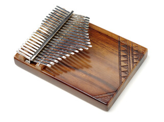 Top view wooden african instrument Kalimba musical isolated on white background. play on hands and...