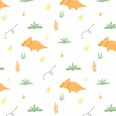 Childish seamless pattern with dinosaurs. Hand-drawn pattern with cute dino. Vector illustration.