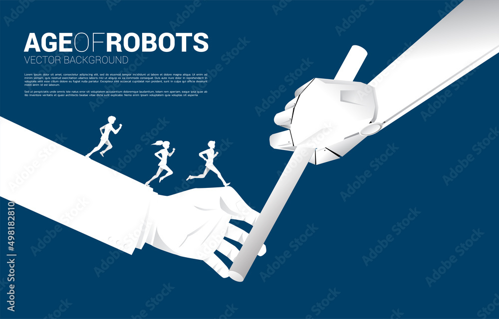 Poster silhouette of businessman and businesswoman running on hand passing baton in relay race from human t