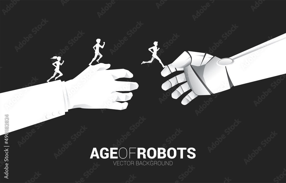 Poster robot hand reach to touch with human hand. concept birth of a.i. learning machine era.