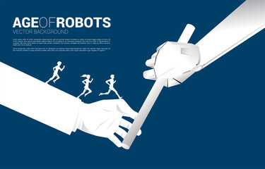 Silhouette of Businessman and businesswoman running on hand passing baton in relay race from human to robot. Business concept for age of robot and AI artificial intelligence.